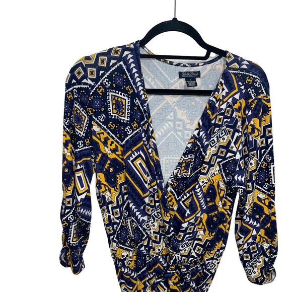 Lucky Brand Geometric/Aztec 3/4 Sleeve Surplice V-Neck Faux Wrap Mini Dress Sz L - Picture 4 of 15